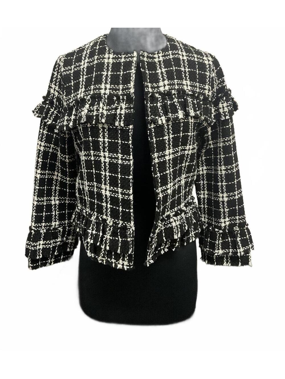 Storia Black/White Tweed Ruffle Accent Cropped Jacket
